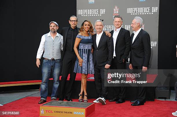 Actors John Storey, Jeff Goldblum, Vivica A. Fox, director Roland Emmerich, actors Bill Pullman and Brent Spiner attend the hand and footprint...