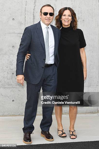 Kevin Spacey and Roberta Armani attend the Giorgio Armani show during Milan Men's Fashion Week SS17 on June 21, 2016 in Milan, Italy.