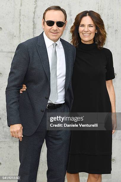 Kevin Spacey and Roberta Armani attend the Giorgio Armani show during Milan Men's Fashion Week SS17 on June 21, 2016 in Milan, Italy.