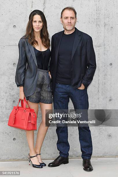 Chiara Martegiani and Valerio Mastandrea attend the Giorgio Armani show during Milan Men's Fashion Week SS17 on June 21, 2016 in Milan, Italy.