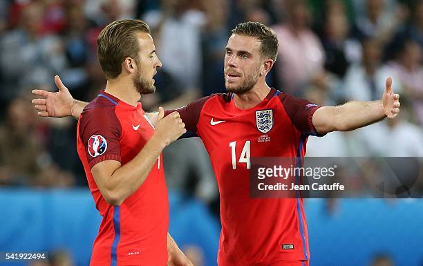Jordan Henderson of England talks to Harry Kane during the UEFA EURO 2016 Group B match between Slovakia and England at Stade Geoffroy-Guichard on...