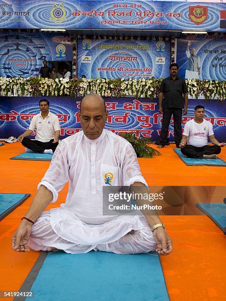 Indian Home Minister mr. Rajnath Singh participates in a mass yoga session , to mark International Yoga Day, at K. D. Singh Babu stadium ,Lucknow on...