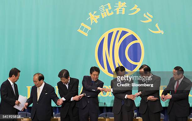 Ichiro Ozawa, president of the People's Life Party & Taro Yamamoto and Friends, from left, Toranosuke Katayama, co-leader of the Initiatives from...