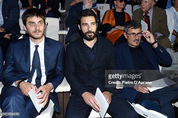 Luca Marinelli, Edoardo Leo and Paolo Genovese attend the Giorgio Armani show during Milan Men's Fashion Week SS17 on June 21, 2016 in Milan, Italy.