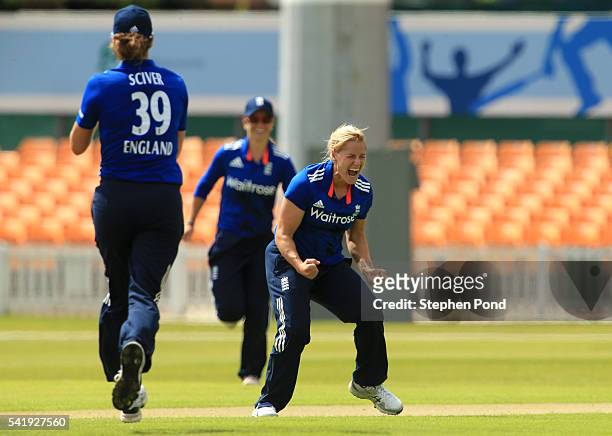 Katherine Brunt of England celebrates the first wicket during the 1st Royal London ODI match between England Women and Pakistan Women at Grace Road...