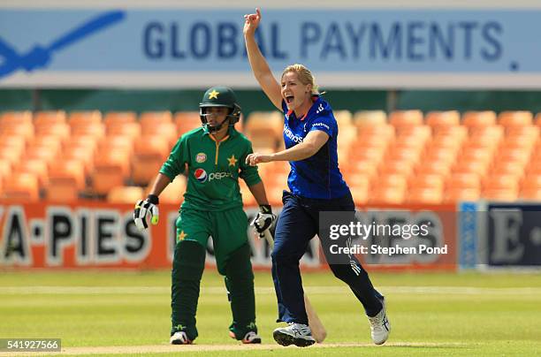 Katherine Brunt of England celebrates the first wicket during the 1st Royal London ODI match between England Women and Pakistan Women at Grace Road...