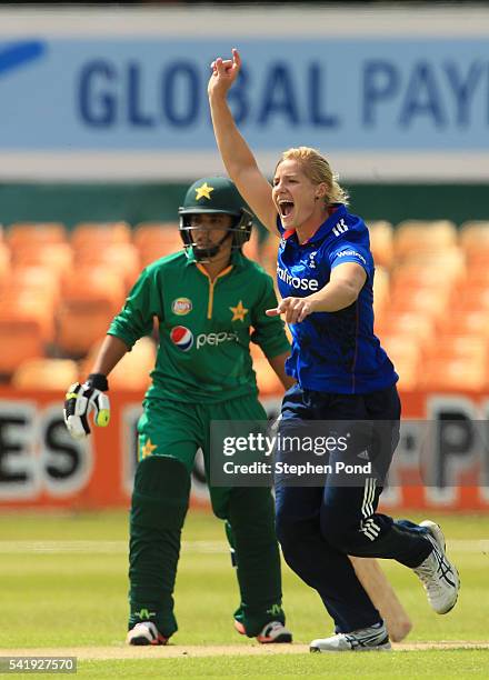 Katherine Brunt of England celebrates the first wicket during the 1st Royal London ODI match between England Women and Pakistan Women at Grace Road...