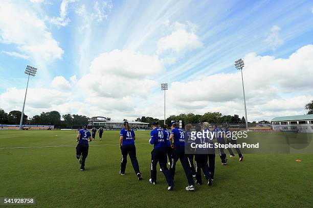 Heather Knight of England leads her team onto the field during the 1st Royal London ODI match between England Women and Pakistan Women at Grace Road...