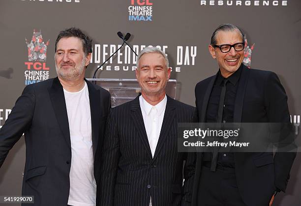 Composer/producer Harald Kloser, director Roland Emmerich and actor Jeff Goldblum attend the hand and footprint ceremony for Director Roland Emmerich...