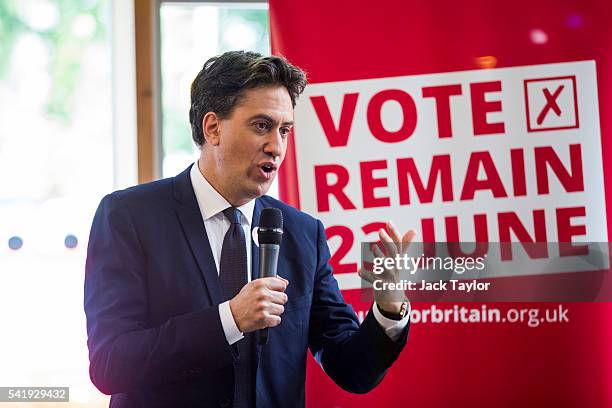 Former Labour Leader Ed Miliband speaks at The UK Centre for Carnival Arts on June 21, 2016 in Luton, England. In his speech today Mr Miliband made...