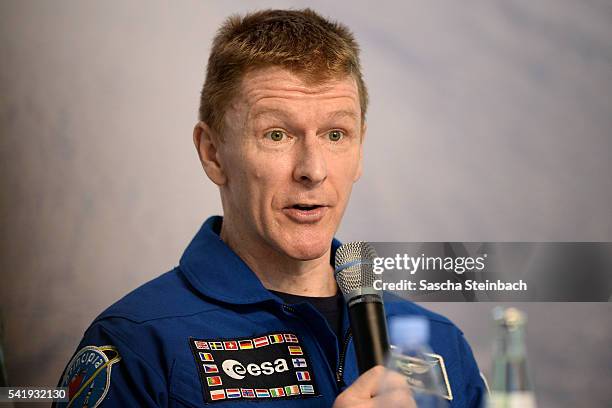 British astronaut Tim Peake speaks to the media at his first press conference since his return from space at the European Space Agency European...