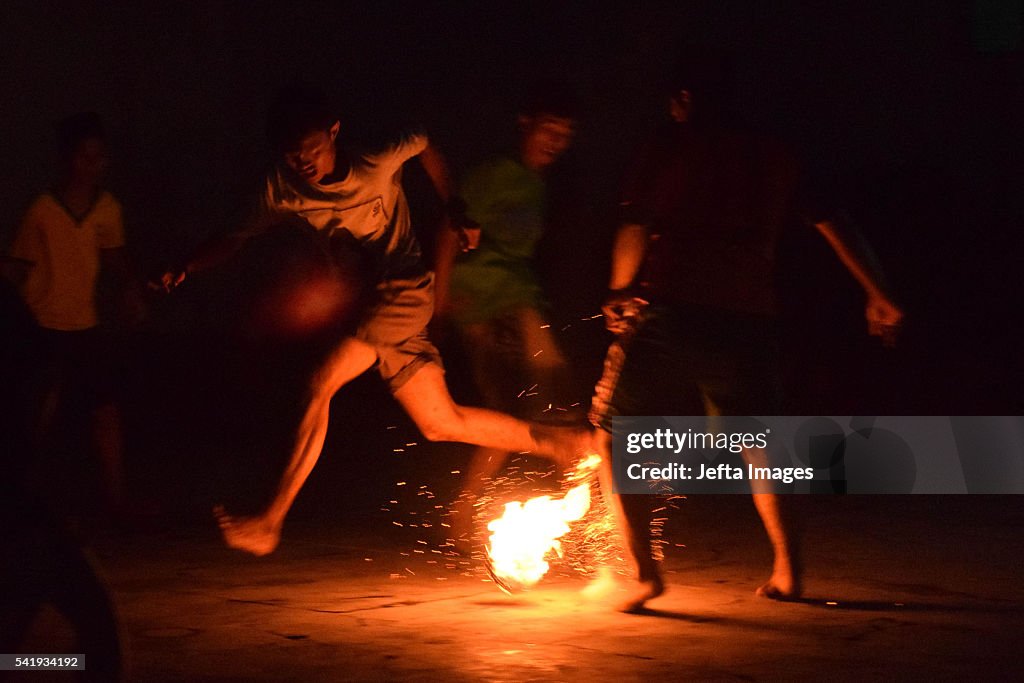 Students Play Fire Football In Indonesia