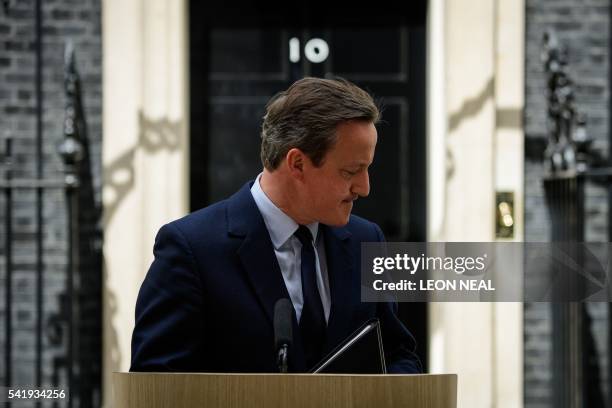 British Prime Minister David Cameron leaves the lectern after speaking to the press in front of 10 Downing street in London on June 21, 2016. Cameron...