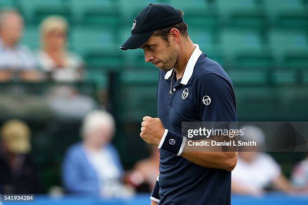 Gilles Muller of Luxembourg reacts after winning his men's singles match against Jiri Vesely of the Czech Republic during day two of the ATP Aegon...