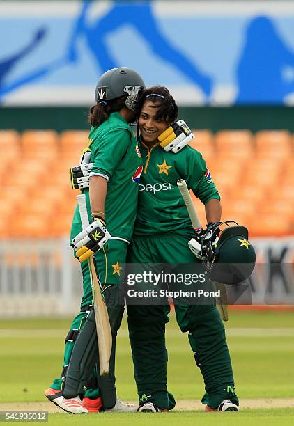 Sidra Amin of Pakistan celebrates reaching 50 runs not out during the 1st Royal London ODI match between England Women and Pakistan Women at Grace...