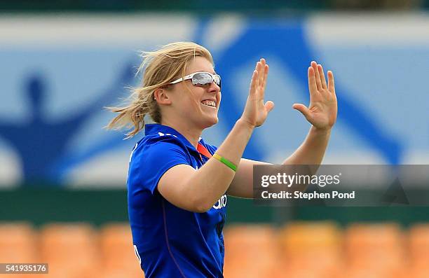 Heather Knight of England celebrates a wicket during the 1st Royal London ODI match between England Women and Pakistan Women at Grace Road Cricket...