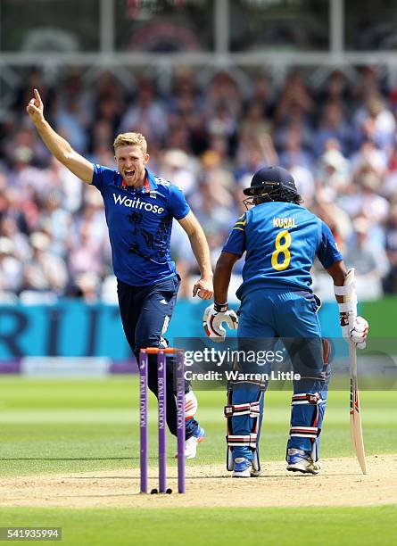 David Willey of England celebrates the wicket of Kusal Perera of Sri Lanka caught by Jaosn Roy of England during of the 1st ODI Royal London One Day...