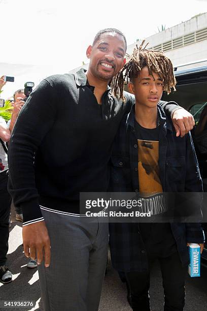 Will Smith and his son Jaden Smith pose outside the Palais after "The Pursuit of Impact" seminar during the Cannes Lions Festival 2016 on June 21,...