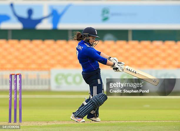 Tamsin Beaumont of England hits out during the 1st Royal London ODI match between England Women and Pakistan Women at Grace Road Cricket Ground on...