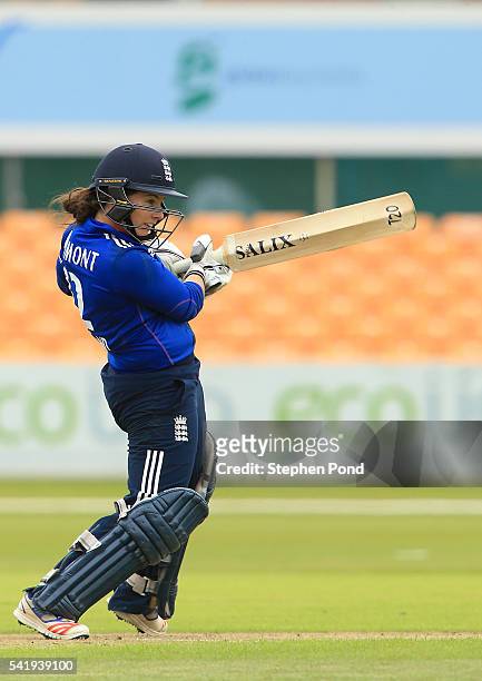 Tamsin Beaumont of England hits out during the 1st Royal London ODI match between England Women and Pakistan Women at Grace Road Cricket Ground on...