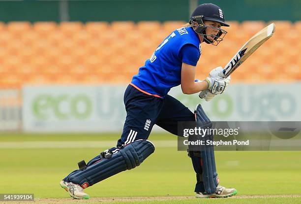 Heather Knight of England hits out during the 1st Royal London ODI match between England Women and Pakistan Women at Grace Road Cricket Ground on...