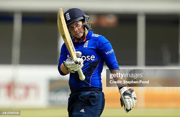 Tamsin Beaumont of England leaves the field after making 70 runs during the 1st Royal London ODI match between England Women and Pakistan Women at...