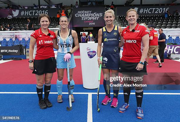 Carla Rebecchi of Argentina and Madonna Blyth of Australia during the FIH Women's Hockey Champions Trophy match between Australia and Argentina at...