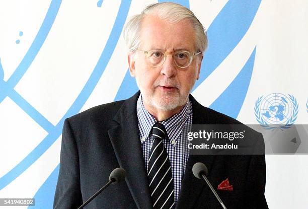 Chairman of the United Nations Commission of Inquiry on Syria Paulo Sergio Pinheiro speaks during a press conference at United Nations' office in...