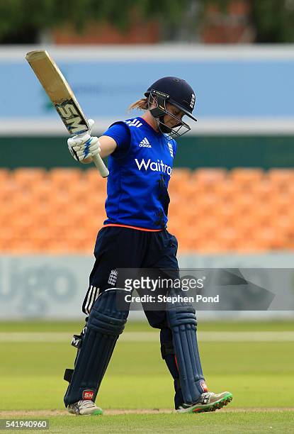 Heather Knight of England celebrates reaching 50 runs during the 1st Royal London ODI match between England Women and Pakistan Women at Grace Road...