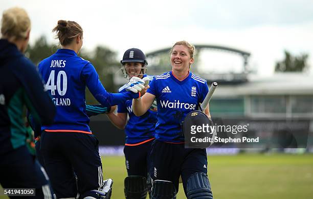 Heather Knight of England celebrates victory after the 1st Royal London ODI match between England Women and Pakistan Women at Grace Road Cricket...