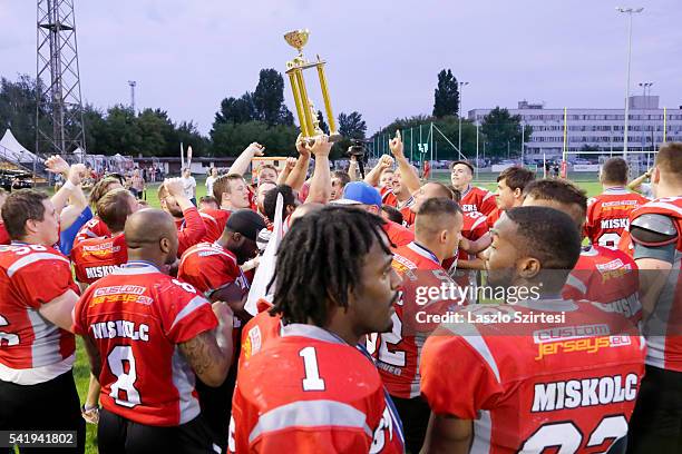 The team of Miskolc Steelers celebrates the victory with the trophy during the Cellect Hungarian Football League Final match between Budapest...