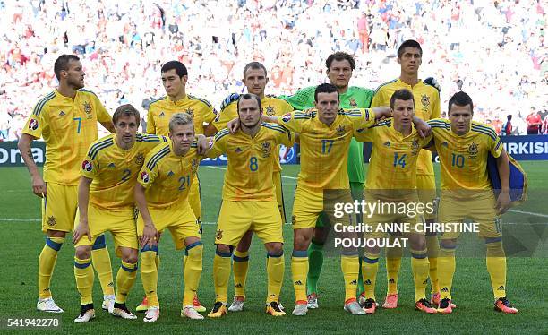 Ukraine's midfielder Andriy Yarmolenko, Ukraine's midfielder Taras Stepanenko, Ukraine's defender Olexandr Kucher, Ukraine's goalkeeper Andriy Pyatov...