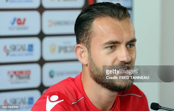 Albania's forward Sokol Cikalleshi holds a press conference a in Perros-Guirec on June 21, 2016 during the Euro 2016 football tournament.