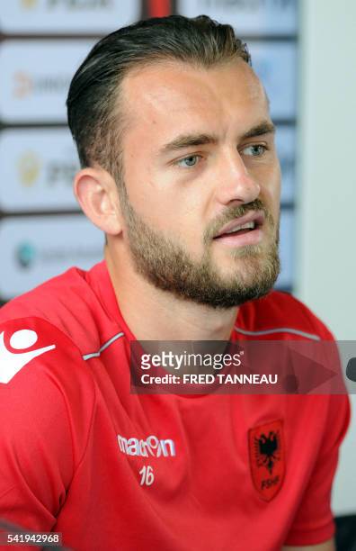 Albania's forward Sokol Cikalleshi holds a press conference a in Perros-Guirec on June 21, 2016 during the Euro 2016 football tournament.