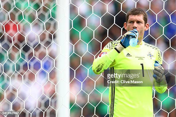 Michael McGovern of Northern Ireland drinks water during the UEFA EURO 2016 Group C match between Northern Ireland and Germany at Parc des Princes on...