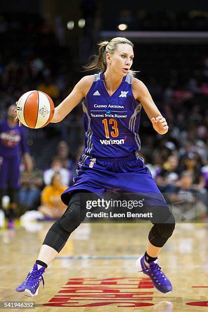 Penny Taylor of the Phoenix Mercury handles the ball against the Los Angeles Sparks during a WNBA basketball game at Staples Center on June 17, 2016...