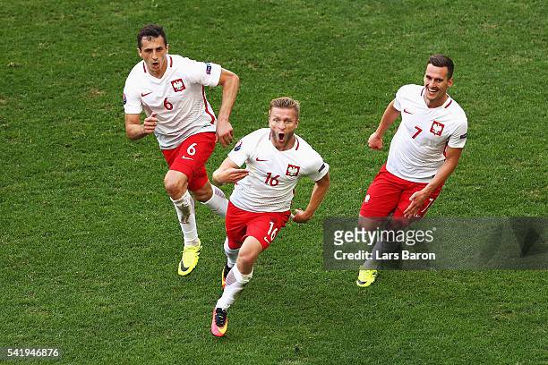 Jakub Blaszczykowski of Poland celebrates scoring his team's first goal during the UEFA EURO 2016 Group C match between Ukraine and Poland at Stade...