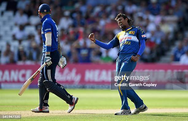 Suranga Lakmal of Sri Lanka celebrates dismissing Alex Hales of England during the 1st ODI Royal London One Day match between England and Sri Lanka...