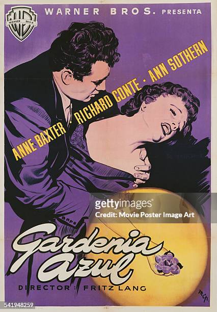 Spanish poster for Fritz Lang's 1953 crime film 'The Blue Gardenia' starring Anne Baxter and Richard Conte.