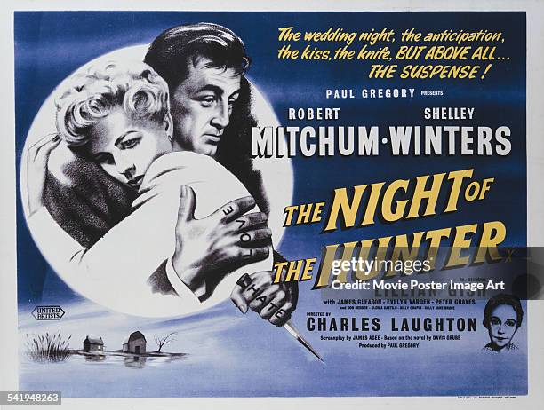 Poster for Charles Laughton's 1955 crime film 'The Night of the Hunter' starring Robert Mitchum and Shelley Winters.