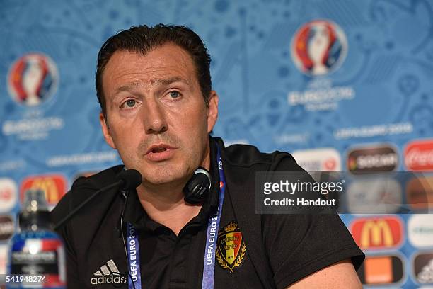 In this handout image provided by UEFA, Belgium head coach Marc Wilmots faces the media during the Belgium Press Conference on June 21, 2016 in Nice,...