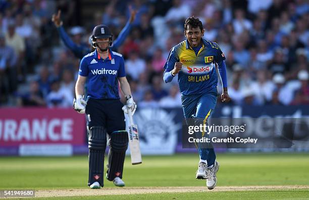 Suranga Lakmal of Sri Lanka celebrates dismissing Jonathan Bairstow of England during the 1st ODI Royal London One Day match between England and Sri...