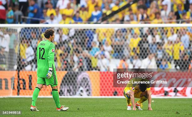 Ukraine players show their despair after going out of the tournament during the UEFA EURO 2016 Group C match between Ukraine and Poland at Stade...