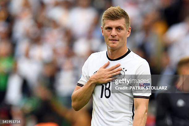 Germany's midfielder Toni Kroos celebrates after the Euro 2016 group C football match between Northern Ireland and Germany at the Parc des Princes...