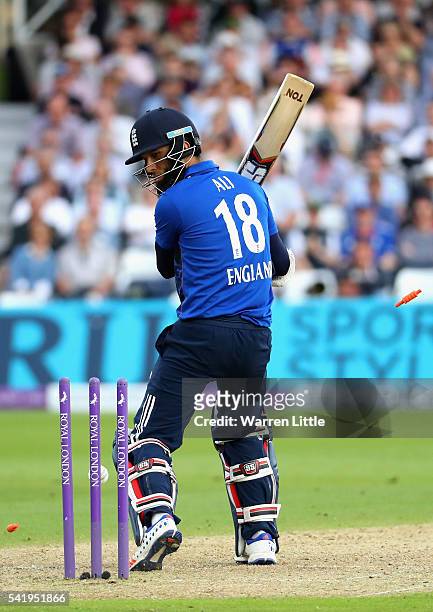 Moeen Ali of England is bowled by Nuwan Pradeep of Sri Lanka during of the 1st ODI Royal London One Day match between England and Sri Lanka at Trent...
