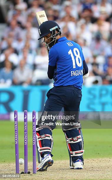 Moeen Ali of England is bowled by Nuwan Pradeep of Sri Lanka during of the 1st ODI Royal London One Day match between England and Sri Lanka at Trent...