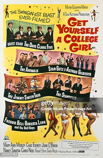 Poster for the US release of Sidney Miller's 1964 comedy, 'Get Yourself A College Girl', starring Mary Ann Mobley, Joan O'Brien, Nancy Sinatra and...