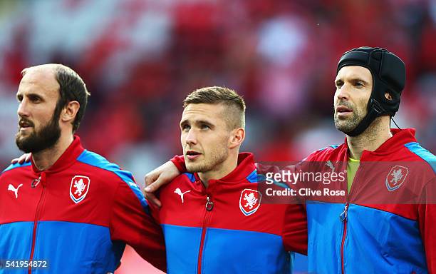 Roman Hubnik,Tomas Sivok,Petr Cech of Czech Republic during the line up prior to the UEFA EURO 2016 Group D match between Czech Republic and Turkey...