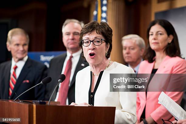 Sen. Susan Collins speaks during the press conference on bipartisan gun control legislation on Tuesday, June 21, 2016. . Behind Sen. Collins from...