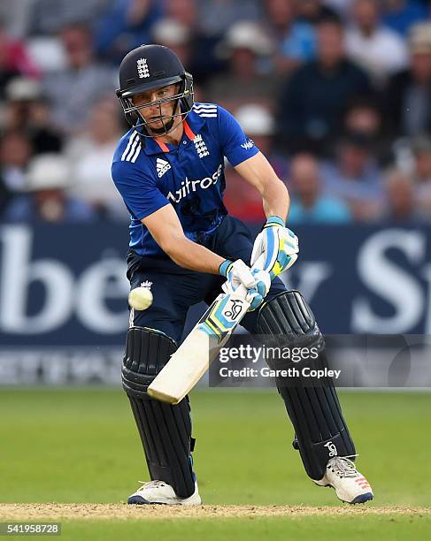 Jos Buttler of England plays the ramp shot during the 1st ODI Royal London One Day match between England and Sri Lanka at Trent Bridge on June 21,...